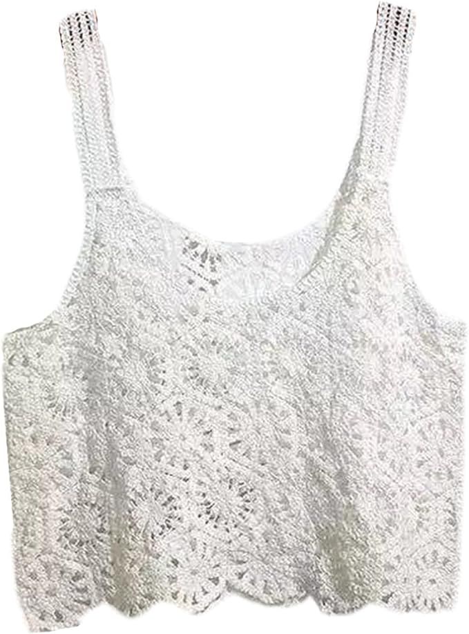 Women Crochet Cropped Tank Tops, Boho Hollow Out Floral Pattern Camisole Sleeveless Cover Up Vest... | Amazon (US)