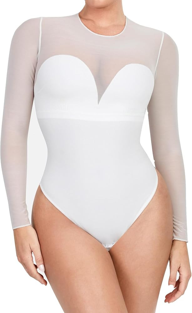 Popilush Shapewear Bodysuit for Women Tummy Control Long Sleeve Mesh Sheer Body Suits Womens Buil... | Amazon (US)