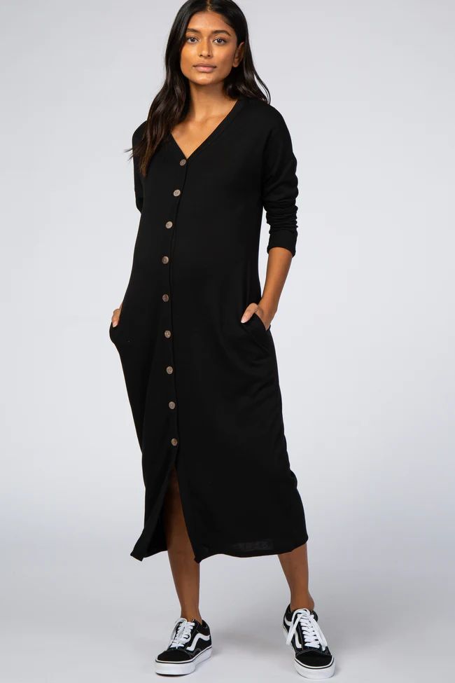 Black Button Down Long Sleeve Maternity Midi Dress | PinkBlush Maternity