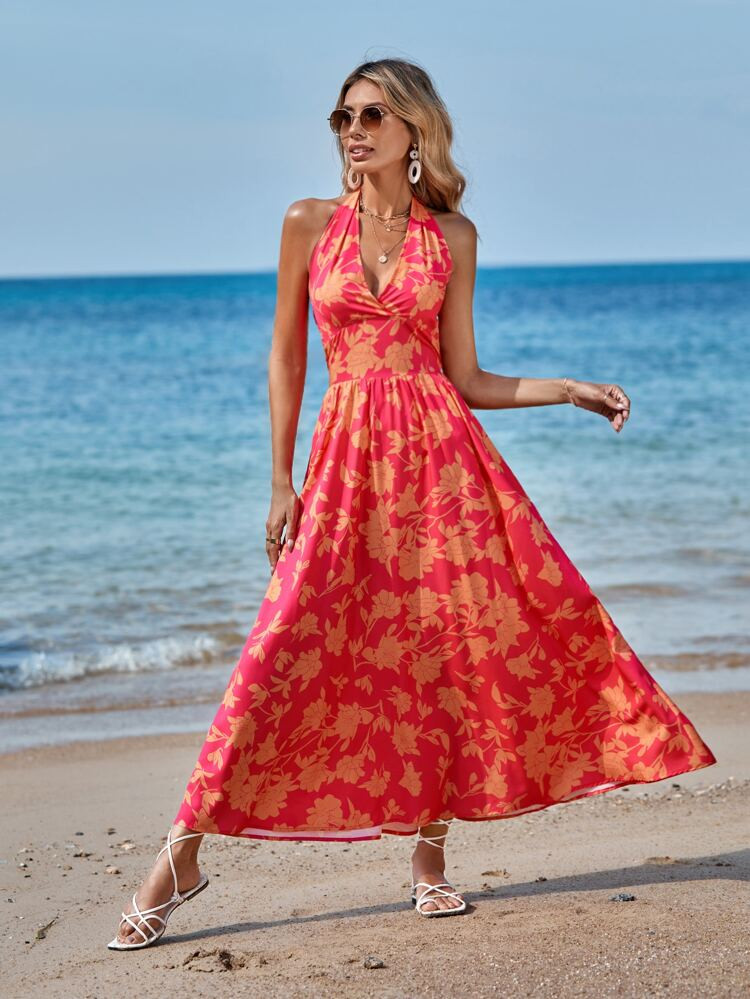 SHEIN VCAY Allover Floral Print Shirred Tie Backless Halter Dress | SHEIN