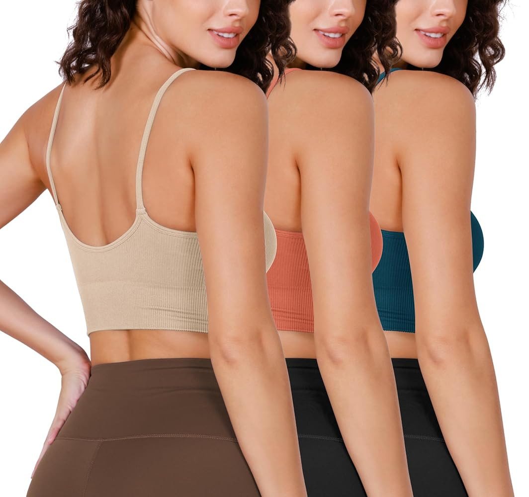 ODODOS Seamless Sports Bra for Women Ribbed Camisoles Non Padding Yoga Bra Crop Tank Tops | Amazon (US)