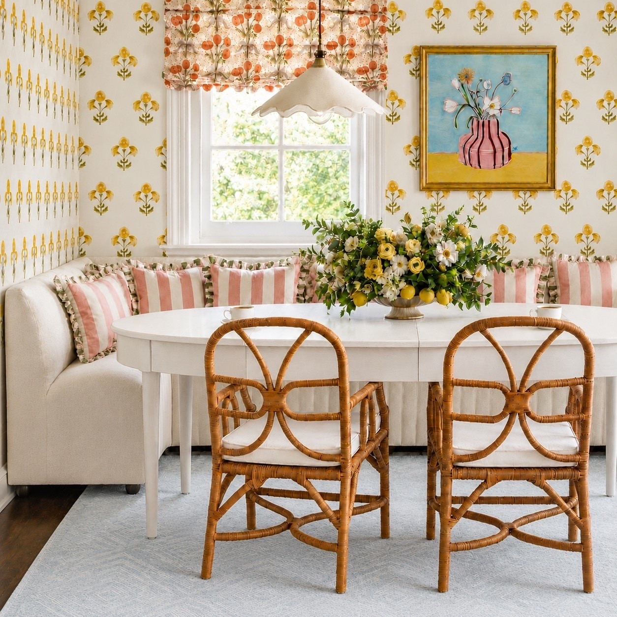 Dinner will be served here. ✨

A breakfast nook this spacious can easily become one of the most inviting gathering spots in the home — relaxed enough for everyday mornings, yet polished and flexible enough for the entertaining season ahead.

The Beach House Expandable Breakfast Table is the standout here. I love its clean, sleek silhouette and beautifully tapered legs, but the functionality makes it even better. It starts with a round top for everyday dining, then expands with a drop-in leaf when you need more room for family and friends. One of my favorite details is the built-in shallow drawers, perfect for keeping napkins, linens, and serveware right at the table. Such a thoughtful detail for a kitchen nook.

Paired with the Antica Rattan Dining Chairs, the space instantly feels warmer and more relaxed. The natural rattan is handwrapped, with a softly curved back and rope-trimmed cushion — all that woven texture brings an effortless coastal character while still feeling refined.

Floral wallpaper, a coordinating Roman shade, banquette seating, a soft rug, and a full floral centerpiece layer in color and pattern, creating a cheerful kitchen nook ready for everything from morning coffee to holiday gatherings.

Serena & Lily’s Labor Day Sale is up to 40% off and ends tonight — don’t miss the final chance to save.

#LaborDaySale #LaborDayWeekend #DiningRoom #BreakfastNook #DiningNook #DiningTable #ExtendableDiningTable #DiningBench #DiningBanquette #RattanChair #RomanShade #PendantLight #ScallopedPendant #HandKnottedRug #FloralWallpaper #FloralArrangement #HolidayEntertaining #GatheringSeason #FallEntertaining #ModernChic #ModernClassic #LTKHome #LTKdayinmylife #LTKSaleAlert

#LTKSaleAlert #LTKHome #LTKSeasonal