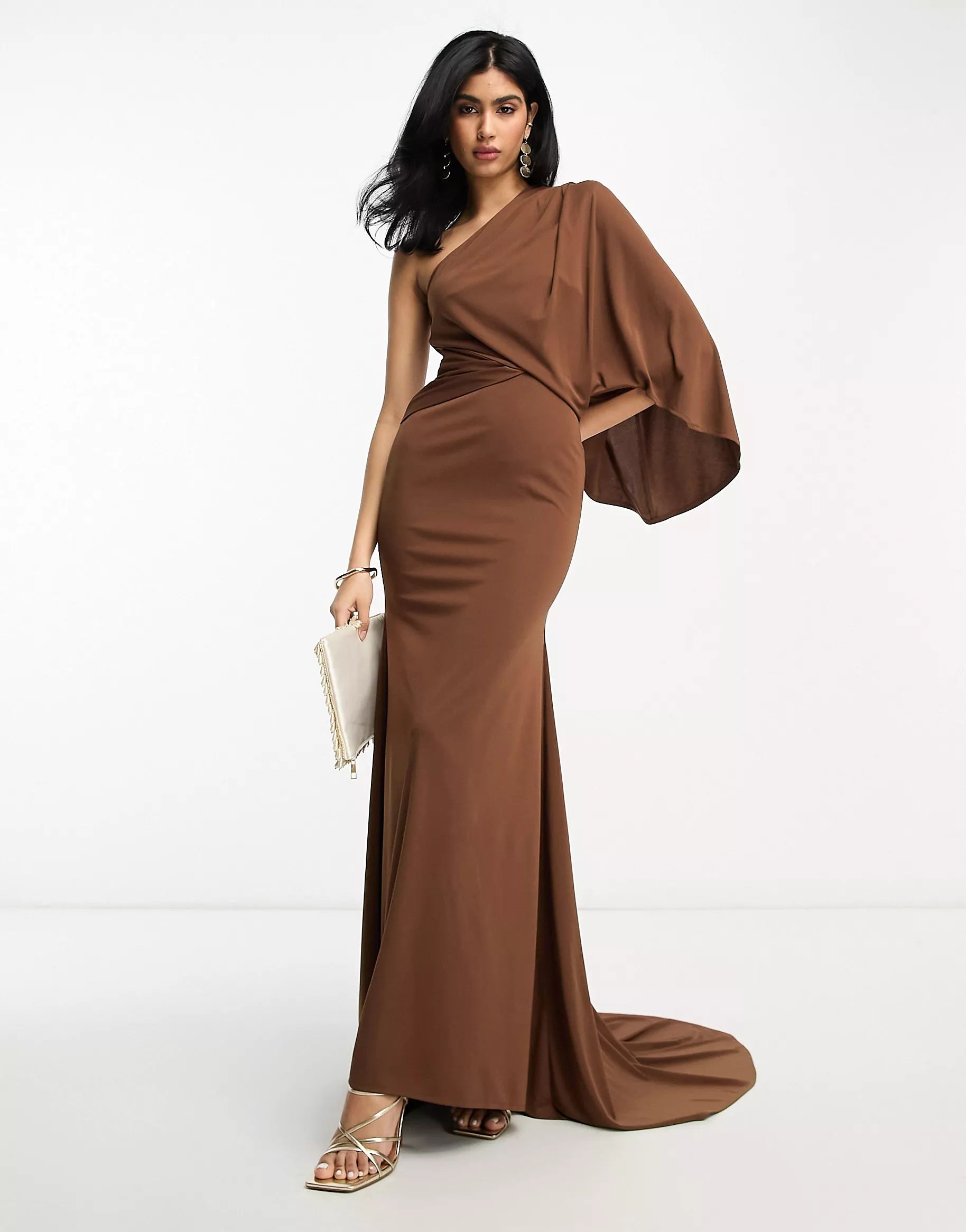 ASOS DESIGN one shoulder premium draped maxi dress with train detail in chocolate brown | ASOS | ASOS (Global)