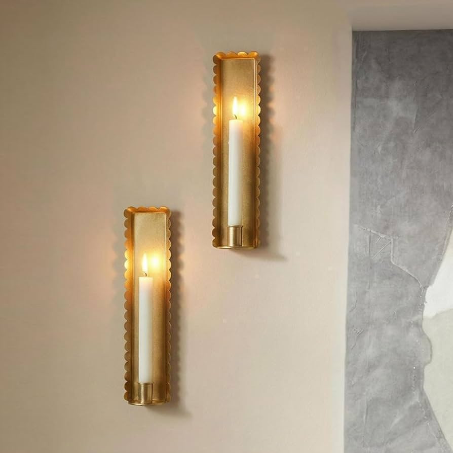 Gold Wall Candle Sconces Set of 2, Scalloped Edge Box-Shaped Cast Iron Farmhouse Church Holders f... | Amazon (US)