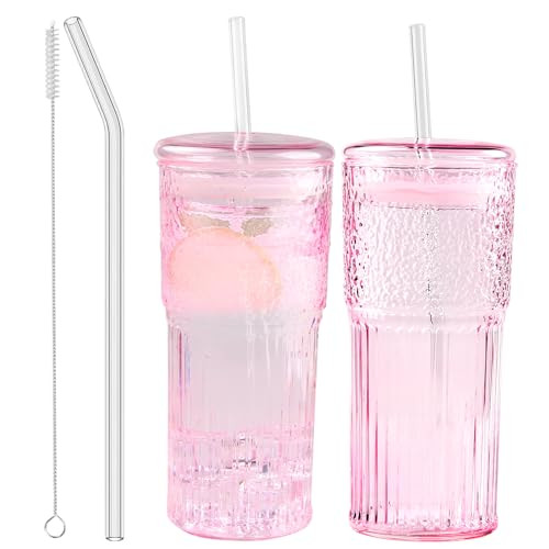 Glass Coffee Cups with Lids and Straws, 20 OZ Pink Iced Water Glasses Tumblers for Ice Juice, Tea, Milk, Smoothie and Cold or Hot Drinks, Set of 2 | Amazon (US)