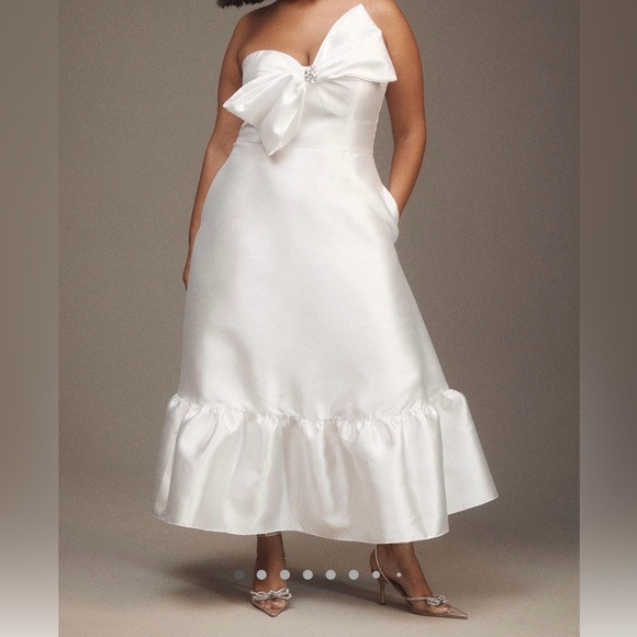 Anthropologie White Strapless Satin Midi Dress with Bow | Poshmark