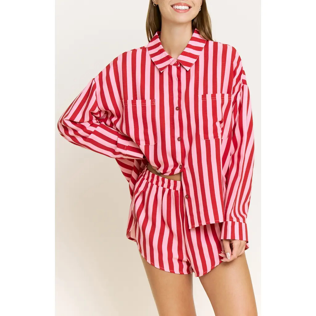 Honeydew Brunch Date Long Sleeve Shorts Pajamas in Santa Stripe at Nordstrom, Size Large | Nordstrom