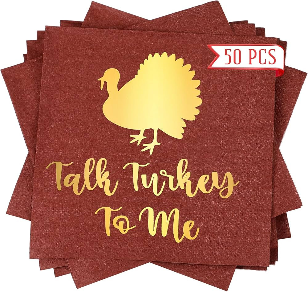 Geyoga 50 Pcs Thanksgiving Napkins 3 Ply Talk Turkey to Me Cocktail Paper Napkins Disposable Gold... | Amazon (US)