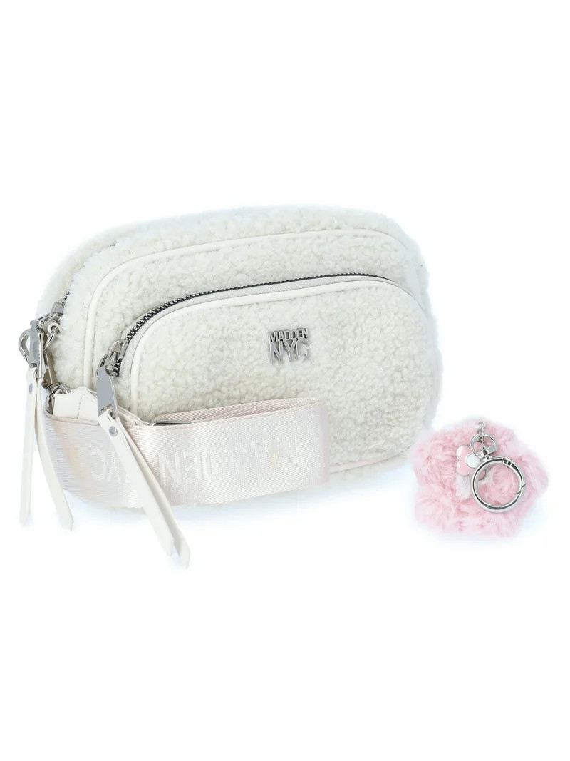 Madden NYC Women's Faux Shearling Camera Handbag with Charm Keychain, Cream | Walmart (US)