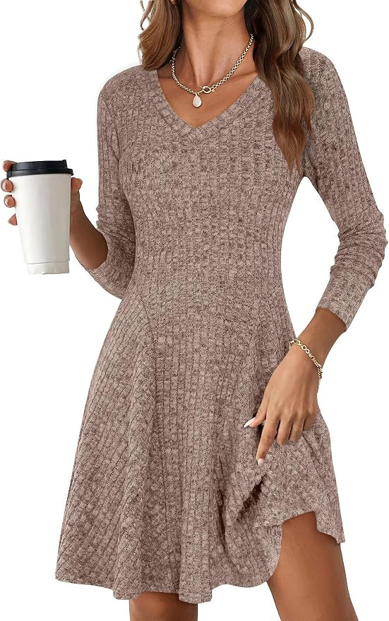 ANRABESS Women Long Sleeve Ribbed Knit Short Dresses 2025 Fall Winter V Neck Casual Swing A Line ... | Amazon (US)