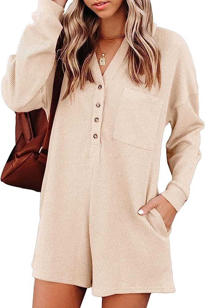 Women's V Neck Button Down Romper Casual Waffle Knit Long Sleeve Playsuit Short One Piece Jumpsuit O | Amazon (US)