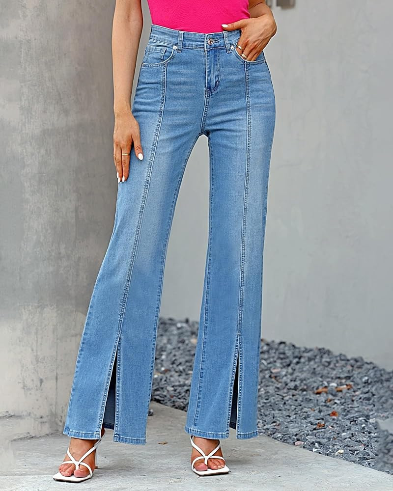 GRAPENT 2023 Womens Flare Jeans High Waisted Wide Leg Baggy Jean for Women Split Hem Stretch Denim P | Amazon (US)