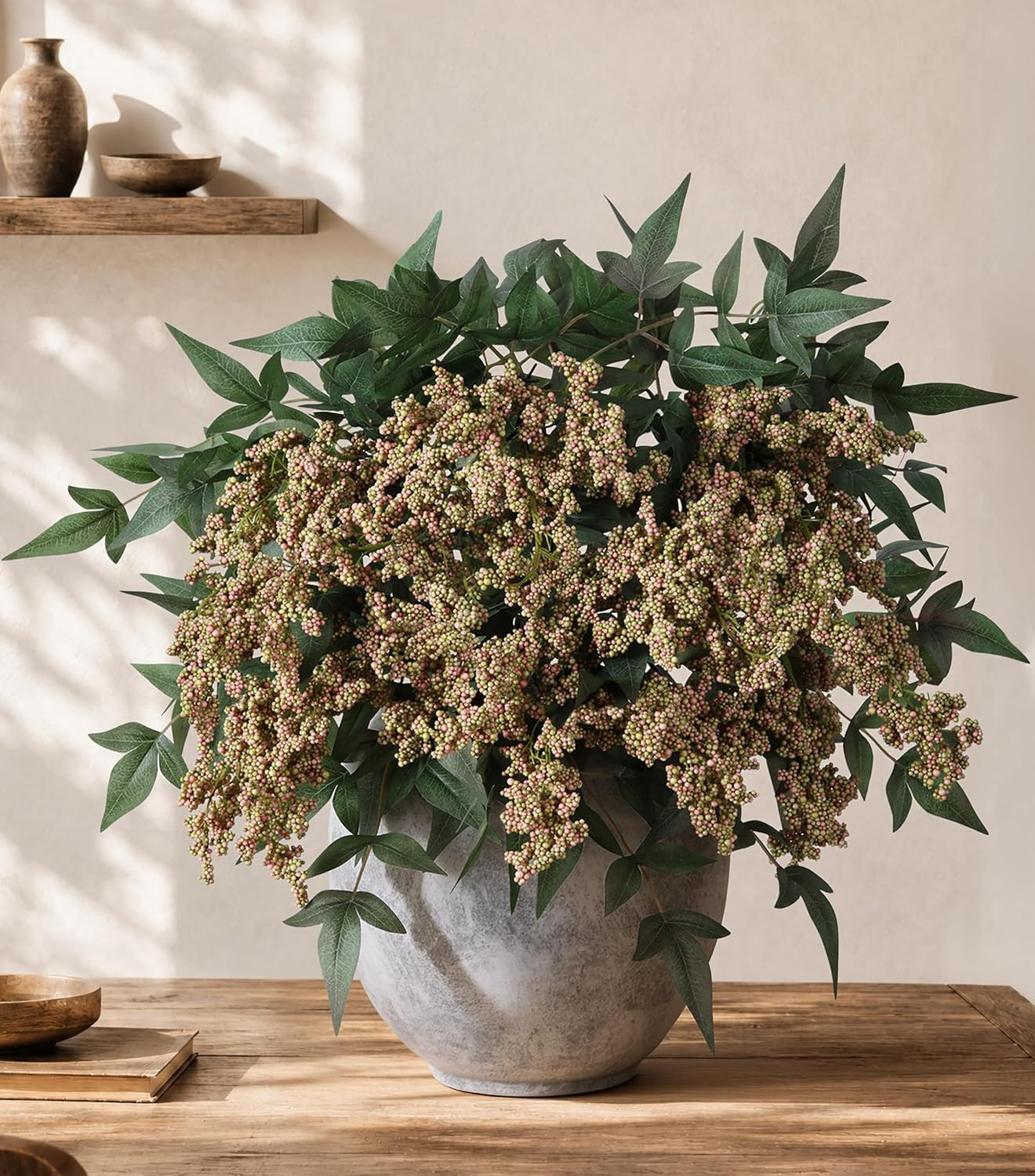 Faux Plants Indoor 3 Pcs 35 Inch Artificial Nandina Berry Stem for Vase Realistic Faux Berry Spray for Wedding Holiday Seasonal Farmhouse Mantel Harvest DIY Home Decor(Green) | Amazon (US)