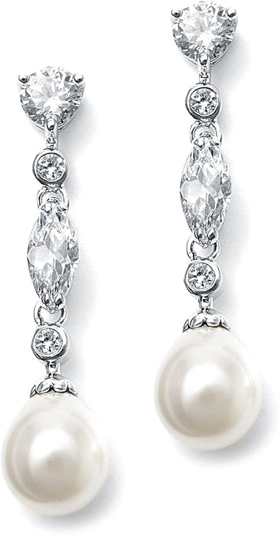 Mariell Linear Cubic Zirconia and Bold Pearl Teardrop Wedding Earrings for Brides - Platinum Plat... | Amazon (CA)