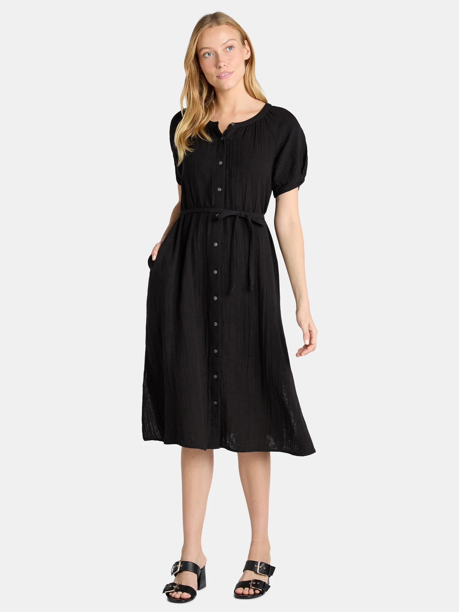 Time and Tru Women’s and Women’s Plus Cotton Double Cloth Midi Dress, Sizes XS-4X | Walmart (US)