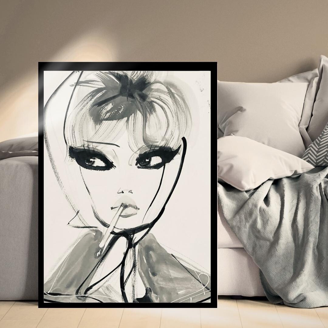 Vintage Fashion Illustration Print – Bold Black & White Glam Girl Art, Retro Model Aesthetic Wa... | Etsy (US)