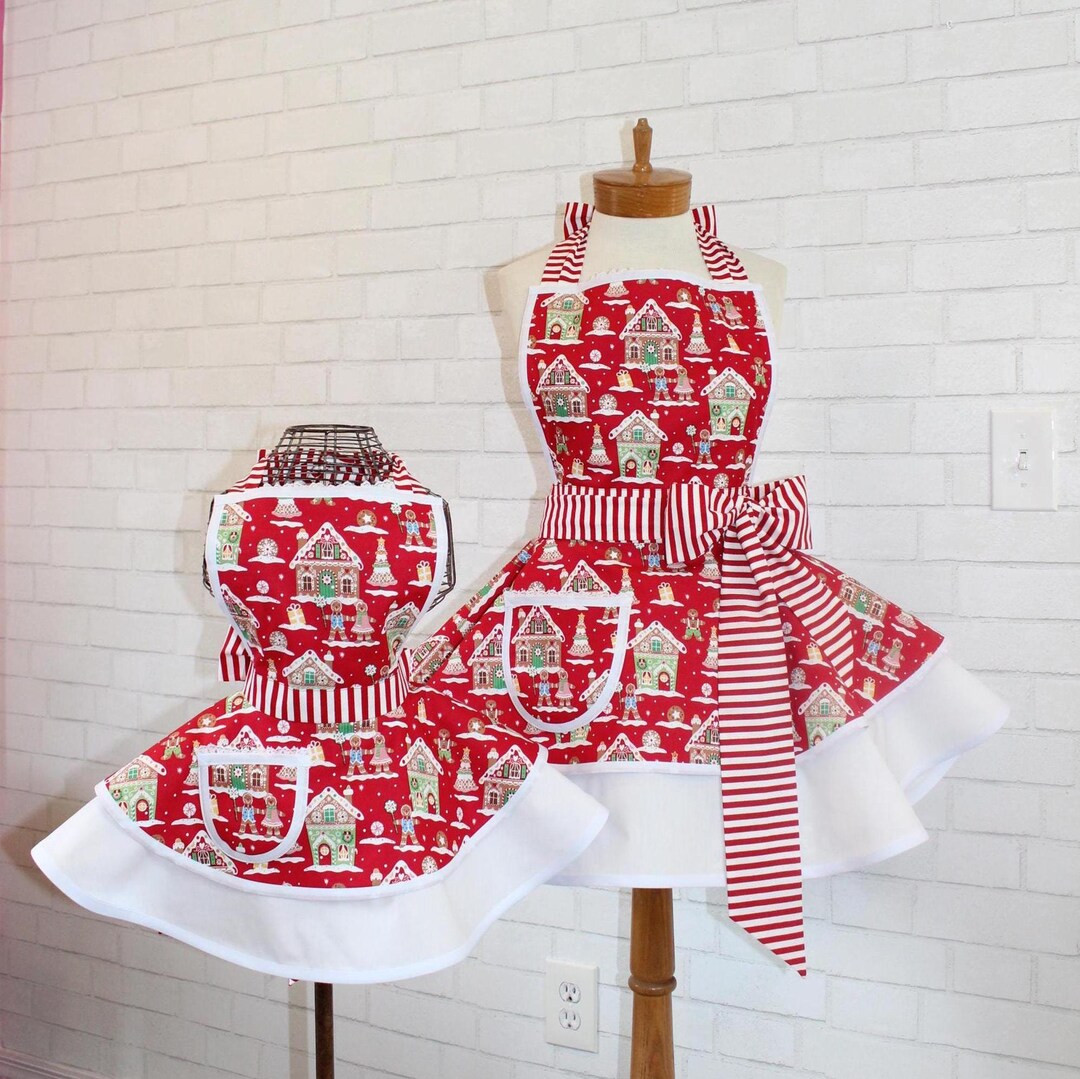 Gingerbread Houses Holiday Apron Set for Mommy Me Featuring Lace Trimmed Bib Double Tiered Skirt,... | Etsy (US)