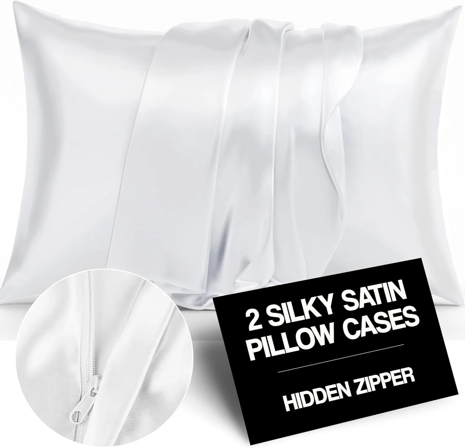 Blissford Luxury White Satin Pillowcase with Zipper Closure, Standard 2-Pack | Walmart (US)