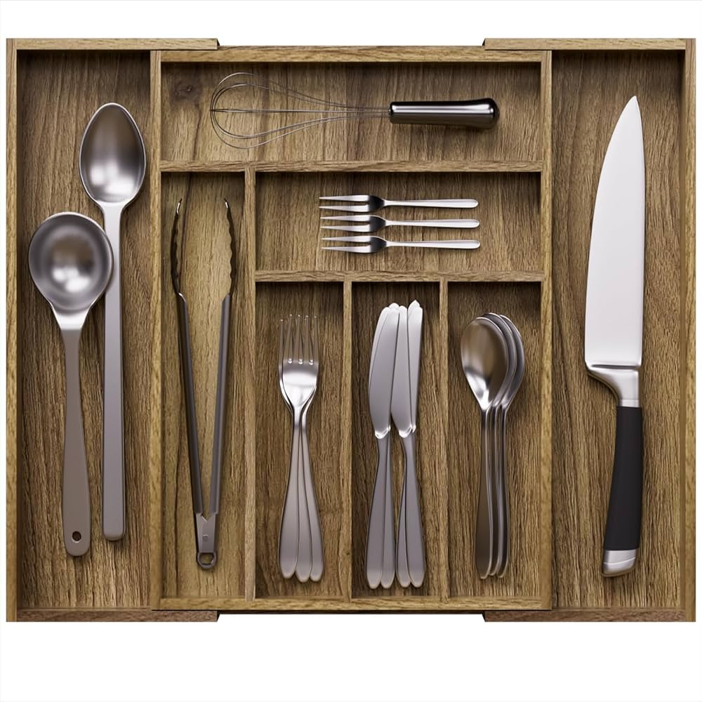 Acacia Wood Kitchen Silverware Drawer Organizer, Expandable Utensil Cutlery Drawer Organizer with... | Amazon (US)