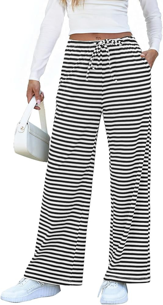 EVALESS Wide Leg Pants for Women Drawstring Elastic Waist Stripe Ribbed Sweatpants with Pockets | Amazon (US)