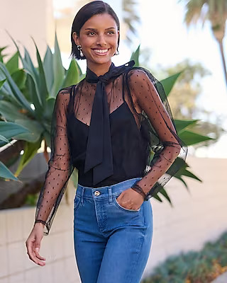 Tulle Polka Dot Tie Mock Neck Puff Sleeve Top | Express