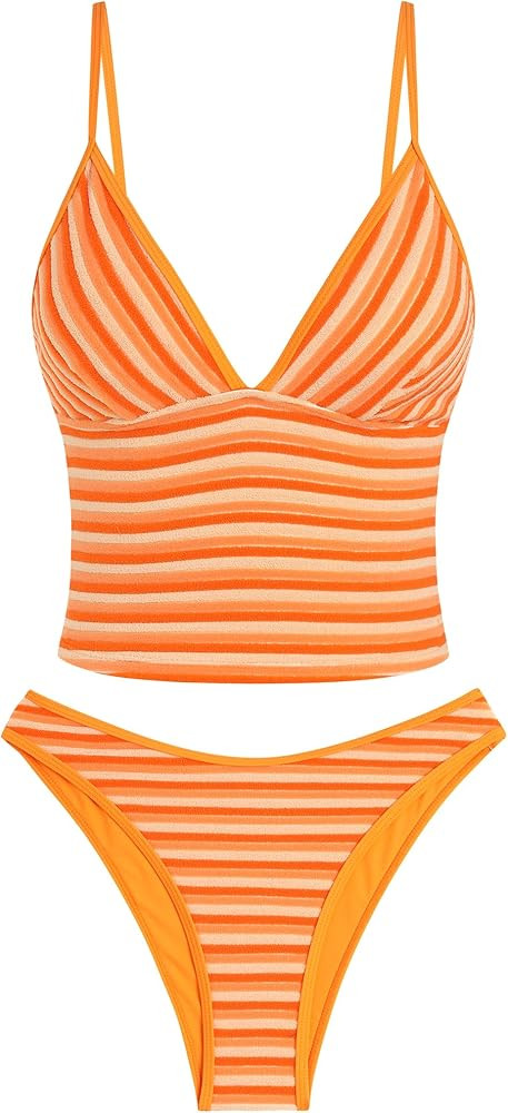 ZAFUL Women's Spaghetti Strap Tankini Swimsuits V Neck Tummy Control Tie Side Thong Bikini Swimsu... | Amazon (US)