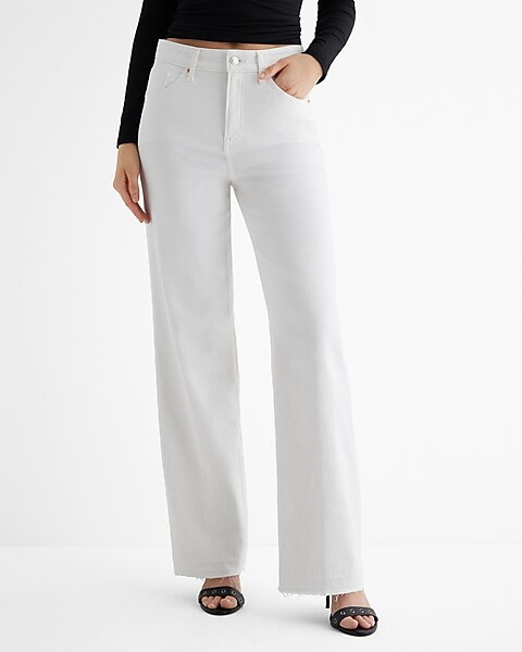 High Waisted White Raw Hem Wide Leg Jeans | Express