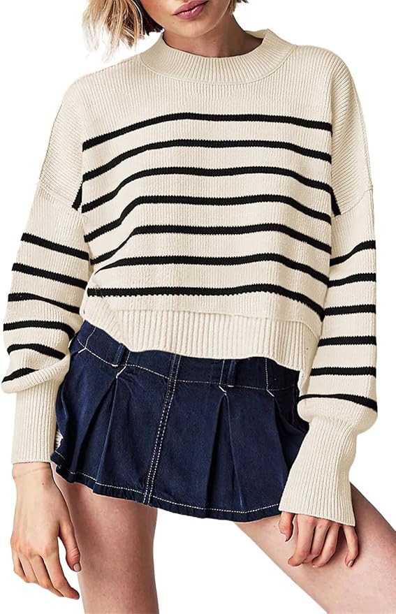 Womens 2023 Trendy Cropped Sweaters Knit Ribbed Easy Street Stripe Crop Pullover Sweater Tops | Amazon (US)