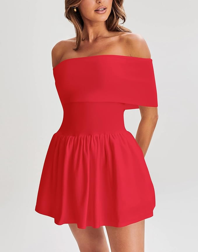 Atizon Women's Summer Off The Shoulder Mini Dress Casual Short Sleeve Trendy Cocktail Party A Lin... | Amazon (US)