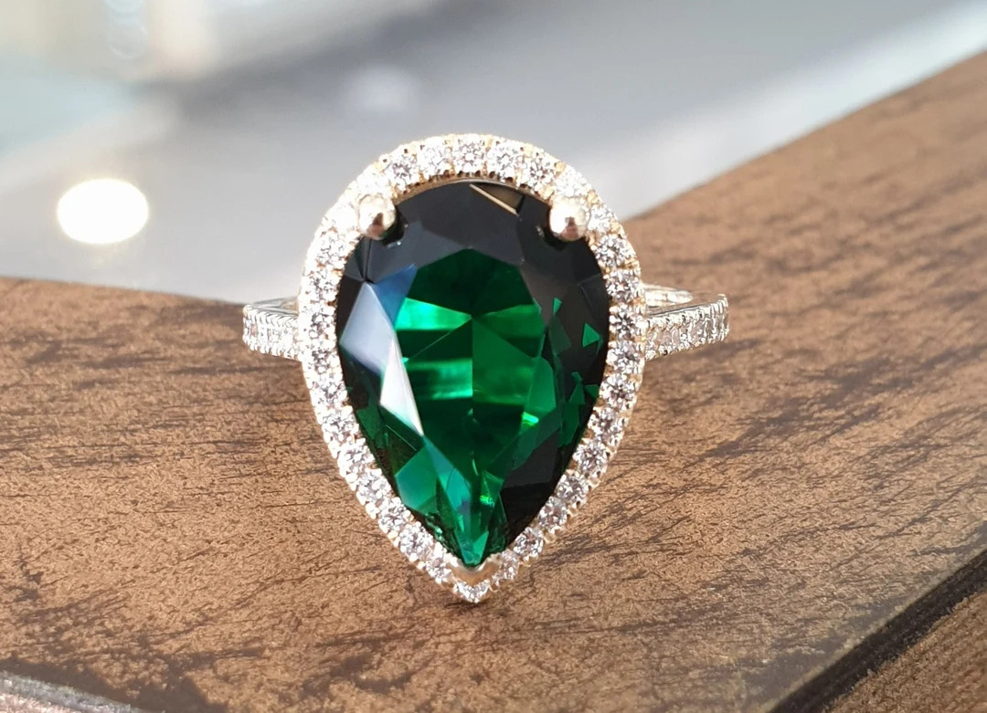 Emerald Engagement Ring 4ct Pear Cut Emerald 14k Yellow Gold - Etsy | Etsy (US)