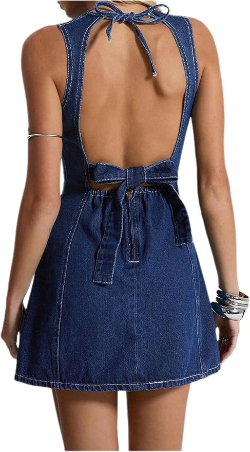 Floerns Women's Y2k Mini Denim Dress Bow Tie Open Back Sleeveless Going Out Tank Dresses | Amazon (US)