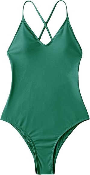 SweatyRocks Women's Sexy Bathing Suits Solid Color Criss Cross Open Back One Piece Swimwear | Amazon (US)