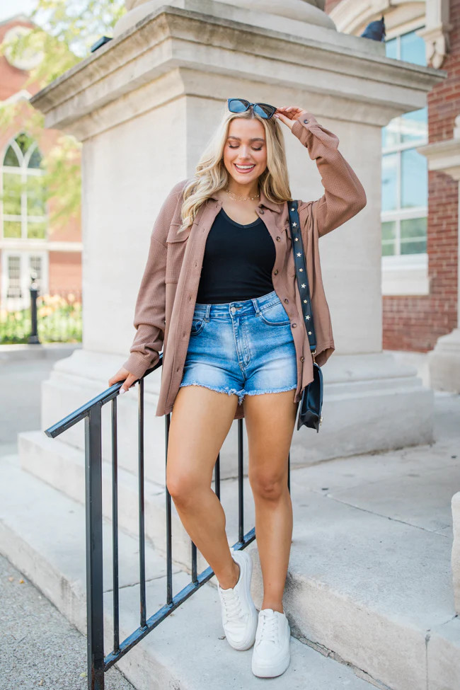 How I Feel Brown Waffle Detail Shacket | Pink Lily