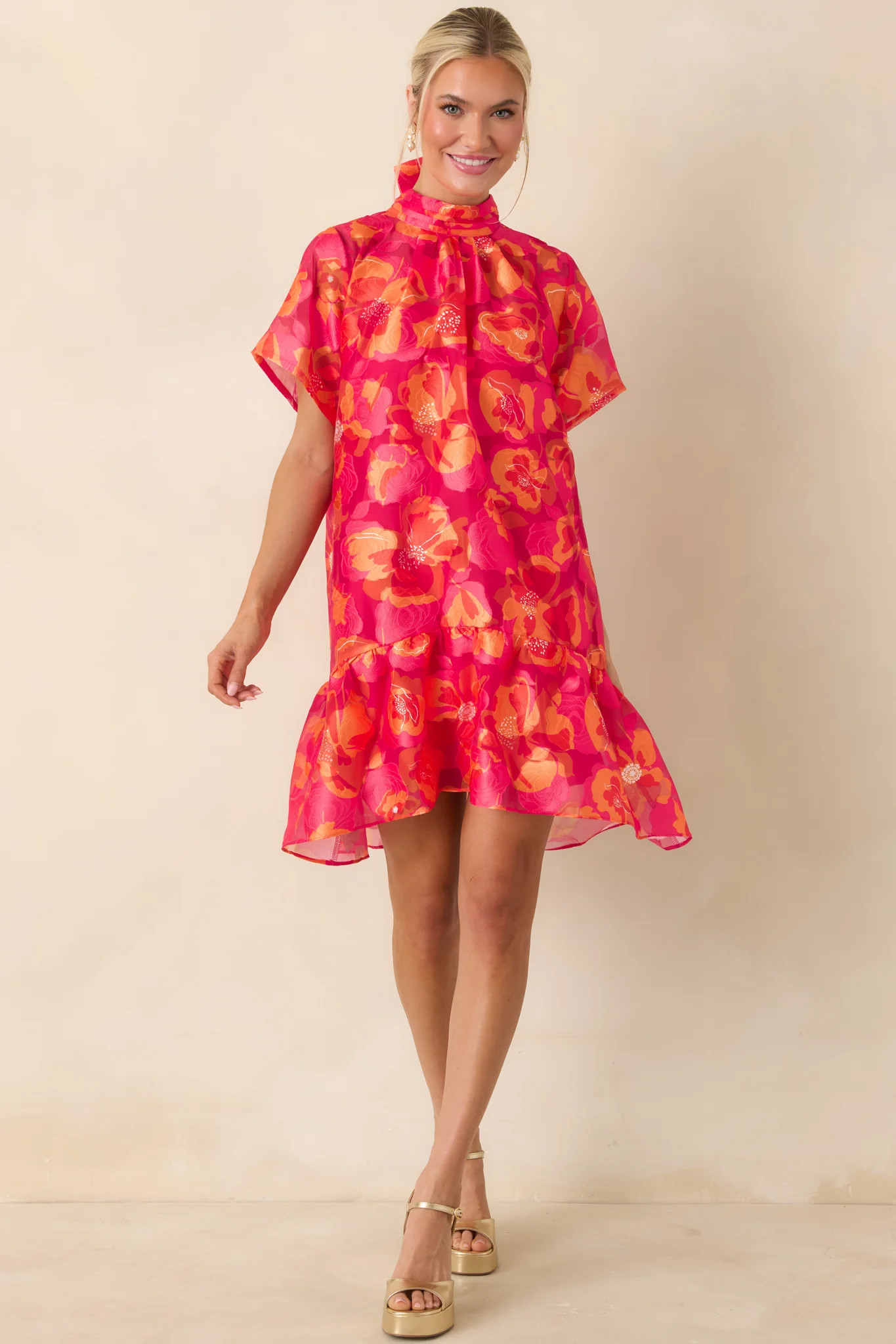 Turn It Up Fuchsia & Orange Floral Tie Back Mini Dress | Red Dress
