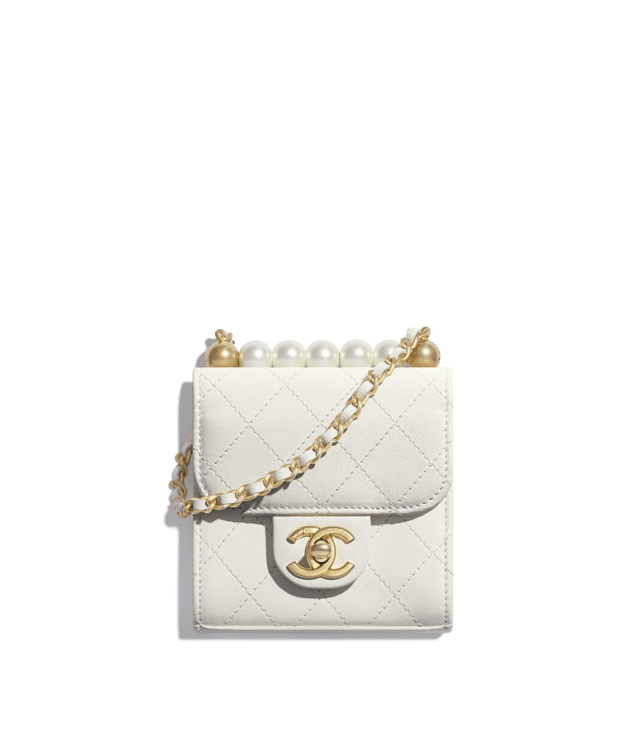 Goatskin, Imitation Pearls & Gold-Tone Metal White Clutch with Chain | CHANEL | Chanel, Inc. (US)