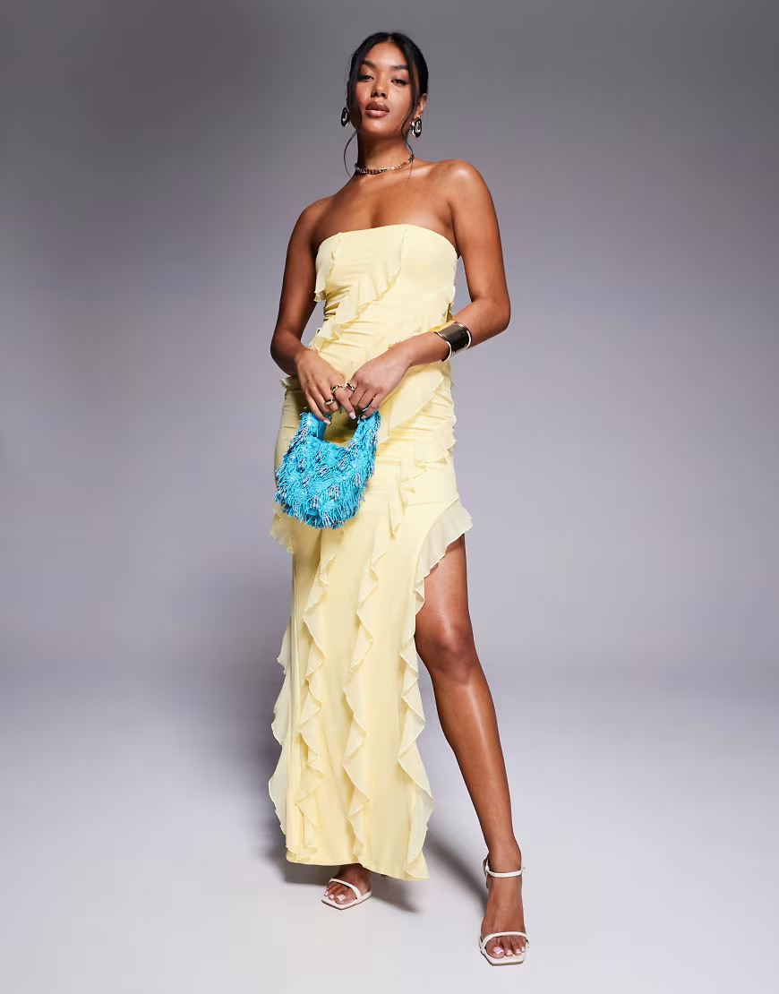 Oh Polly Nevali asymmetric ruffle maxi dress in lemon yellow | ASOS (Global)