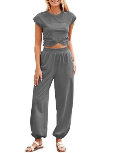 Fisoew Women's Two Piece Outfits Casual Lounge Sets Crop Tops and Joggers Tracksuit with Pockets (Dark Grey, Large) | Amazon (US)