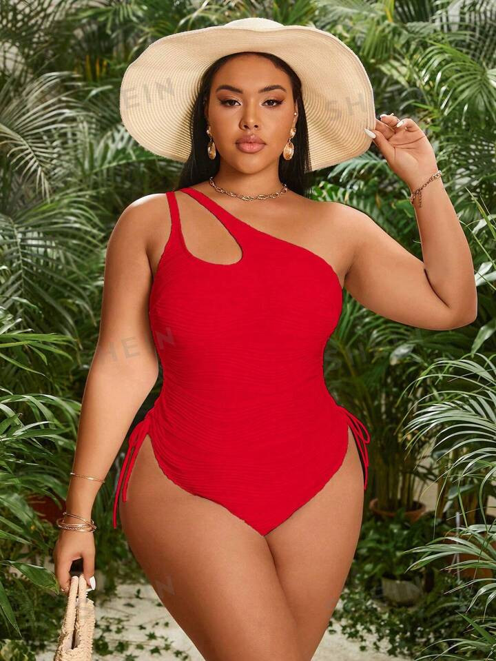 SHEIN Swim Vcay Plus Size Summer Solid Color Hollow Out Design One-Piece Sexy Swimsuit With Draws... | SHEIN