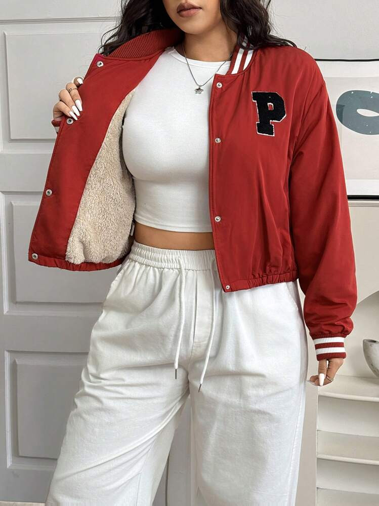 SHEIN EZwear Plus Size Thermal Lined Red Cropped Bomber Jacket, Autumn/Winter | SHEIN