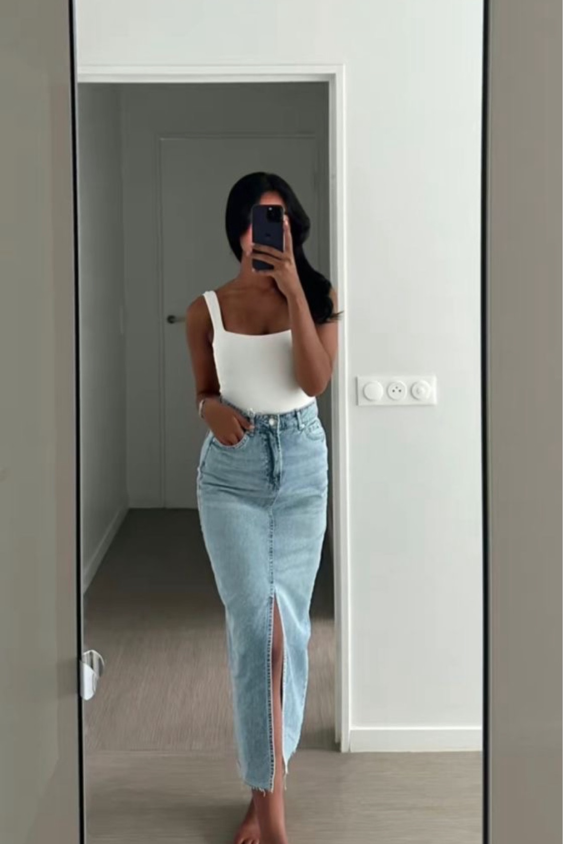 Spring denim skirt outfit modest fashion church outfit cute simple basic white top and jeans 📸 not my picture 

#LTKPetite #LTKOver40 #LTKootd