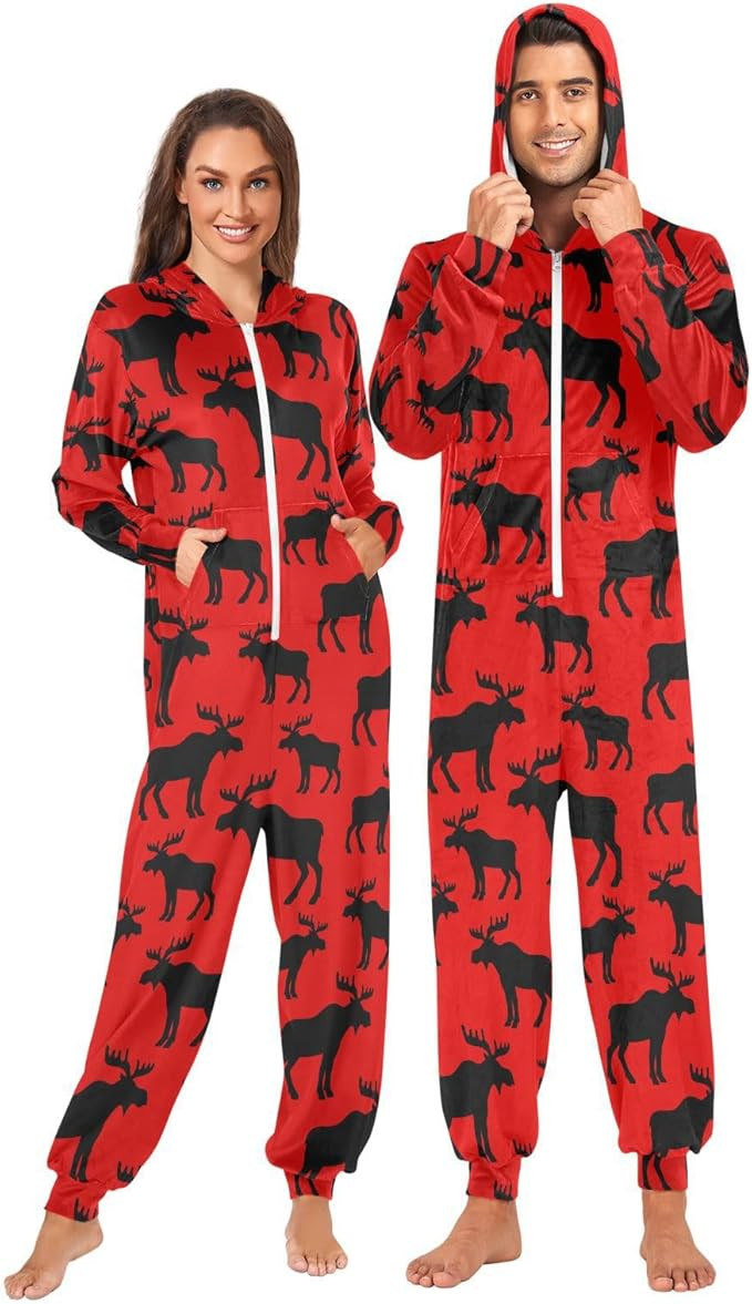 Fisyme Winter Deer Moose Red Adult Onesie Pajamas for Women Men Long Sleeve One-Piece Costume Sle... | Amazon (US)
