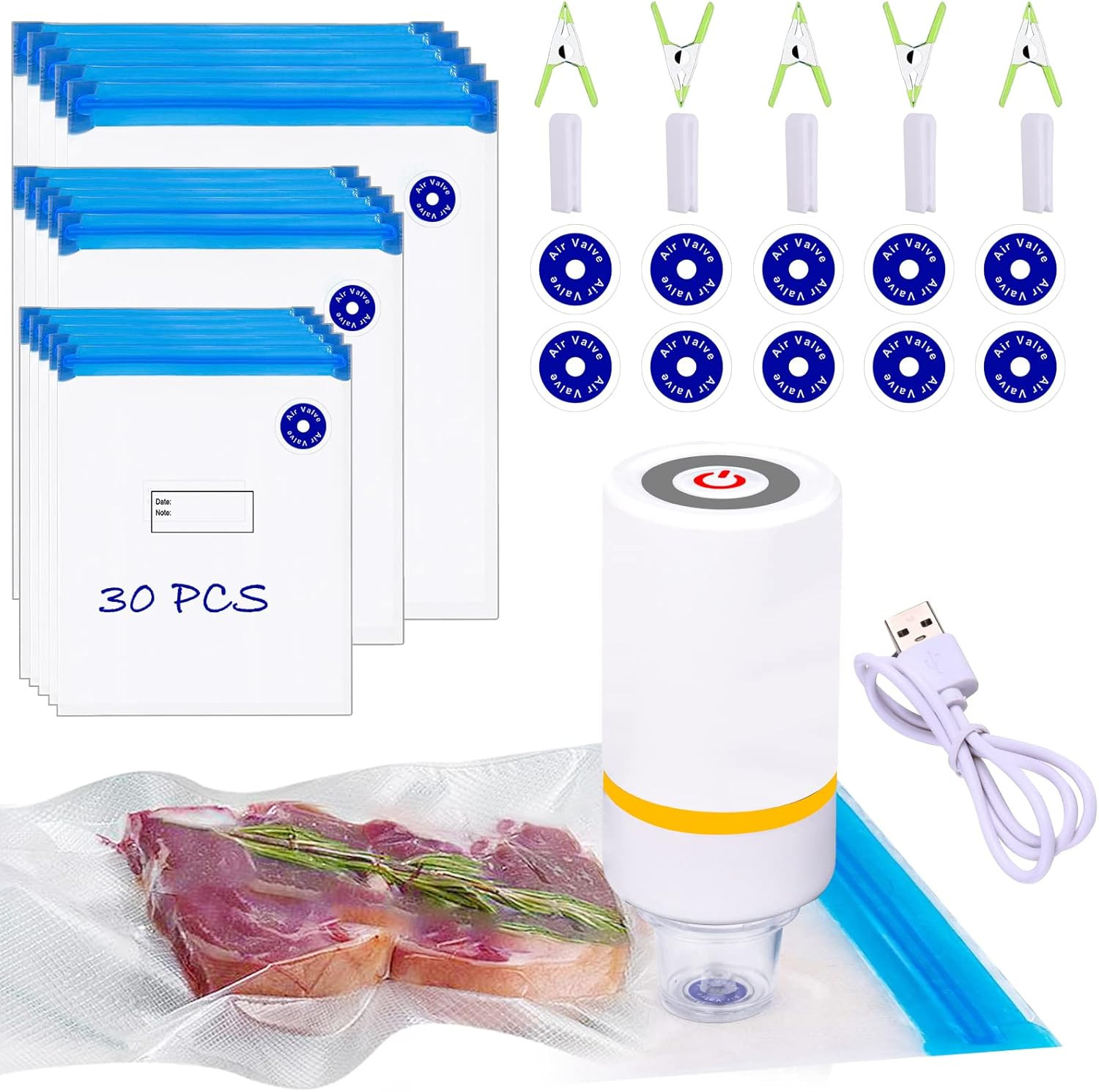 42 PCS Sous Vide Vacuum Sealer Set - 30 Reusable Bags, 5 Clips and Sealing Clips for Anova, Joule... | Amazon (US)