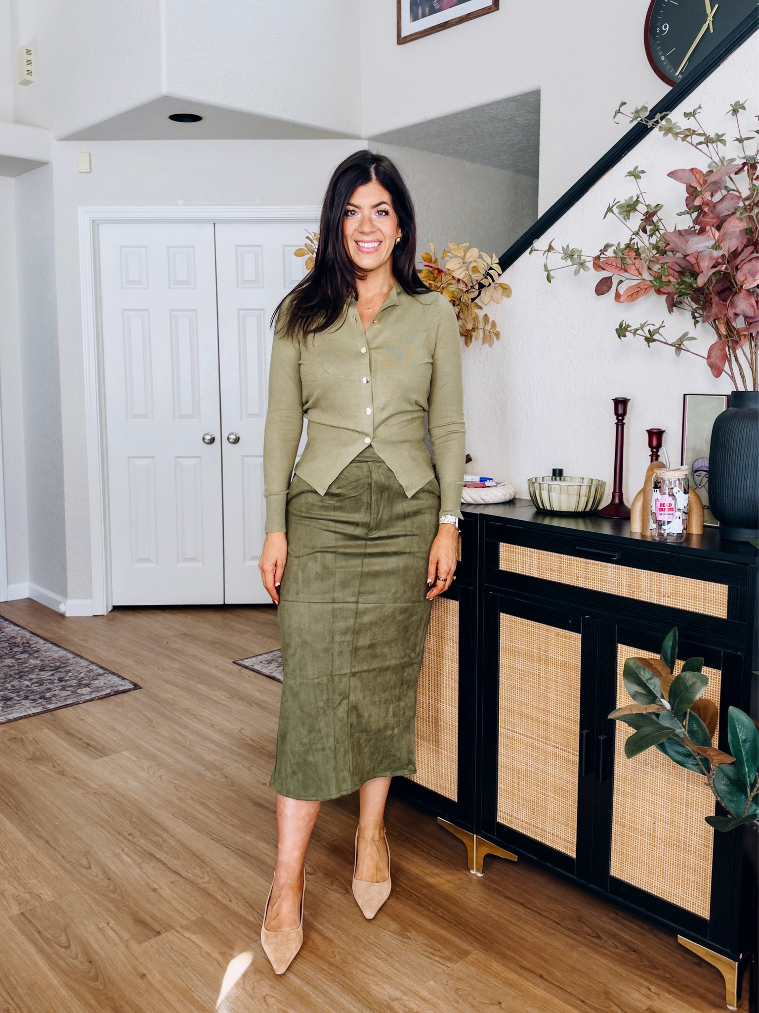 Workwear under $50
In a medium cardigan
Medium suede skirt