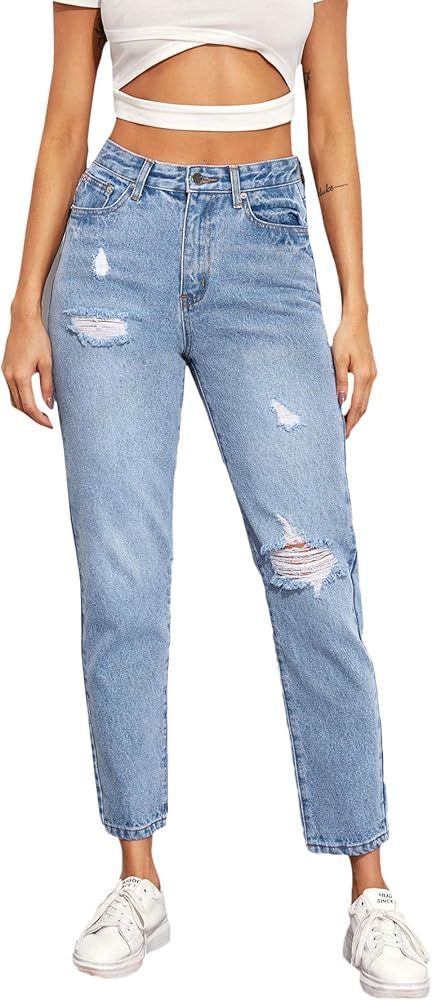 Floerns Women's Casual Distressed Plain Ripped Denim Jeans with Hole | Amazon (US)