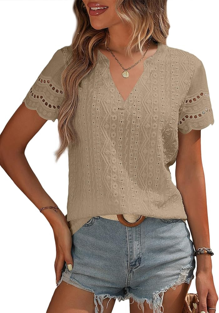 EVALESS Summer Tops for Women 2025 Short Sleeve V Neck Dressy Boho Lace Blouses Shirts | Amazon (US)