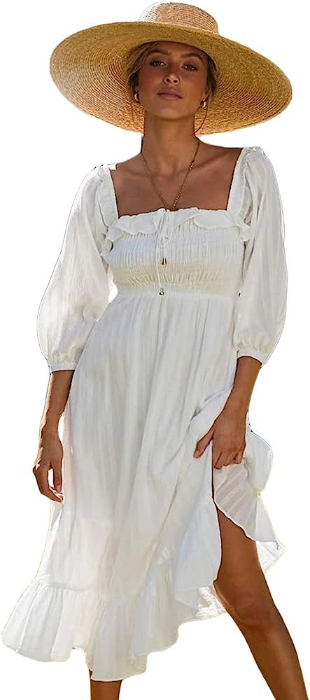 ROVLET Women's Midi Dress Off The Shoulder 1/2 Long Sleeve Ruffle Vintage Dresses Boho Sundress D... | Amazon (US)