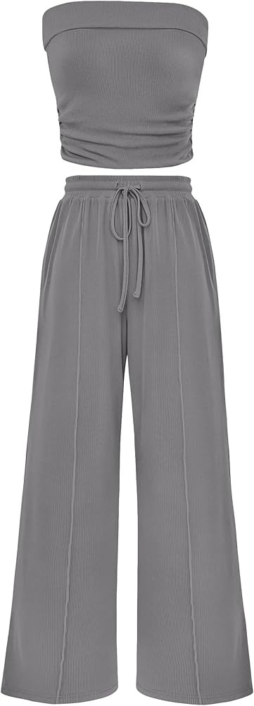 PRETTYGARDEN Womens Summer Outfits 2 Piece Sets Casual Ribbed Knit Crop Tube Top Wide Leg Pants S... | Amazon (US)