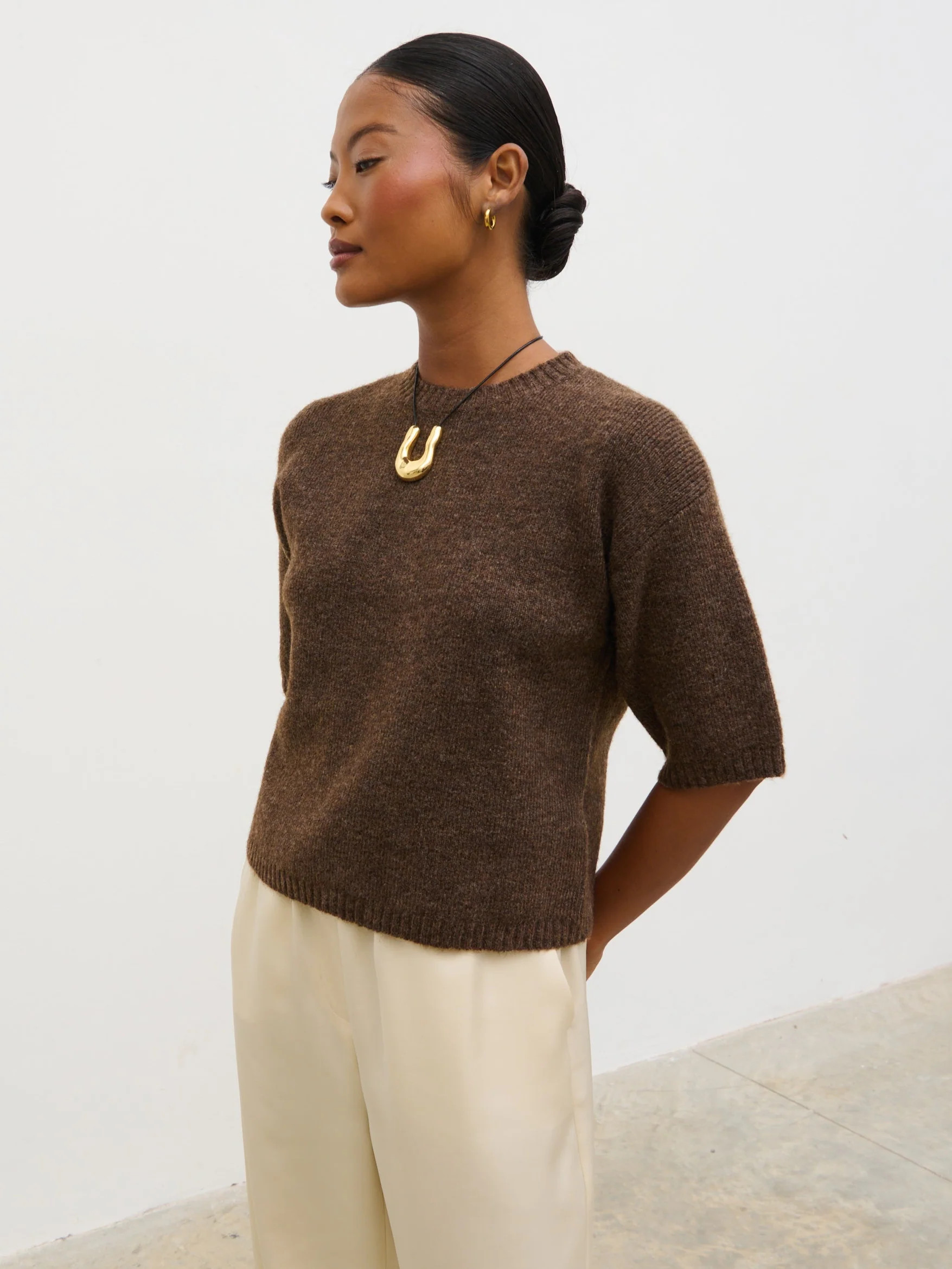 Gisella Short Sleeve Knit Top - Brown | Pretty Lavish (UK)