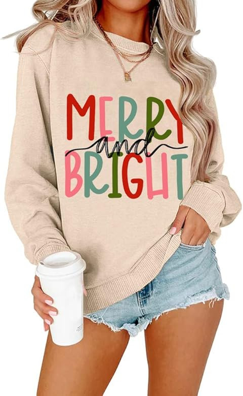 Merry and Bright Christmas Sweatshirt For Women Xmas Gift Cute Plaid Tree Graphic Shirt Pullover ... | Amazon (US)