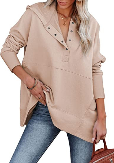 AlvaQ Women Casual Button V Neck Hoodies Oversized Pullover Sweatshirt Hooded Tops with Pockets | Amazon (US)